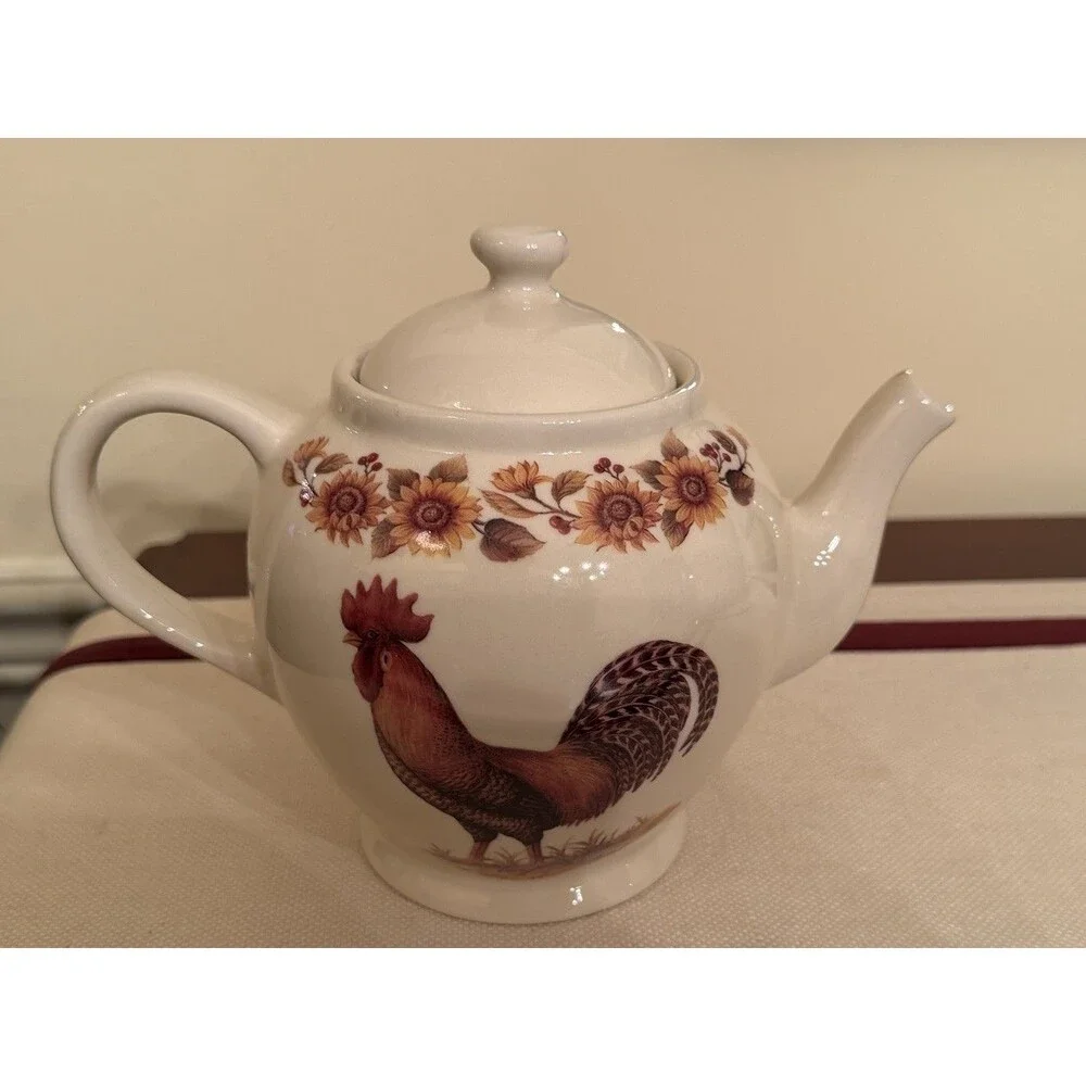 Vintage Martha Vaughn Lily Creek Teapot Hand-painted Rooster Sunflower Motif.